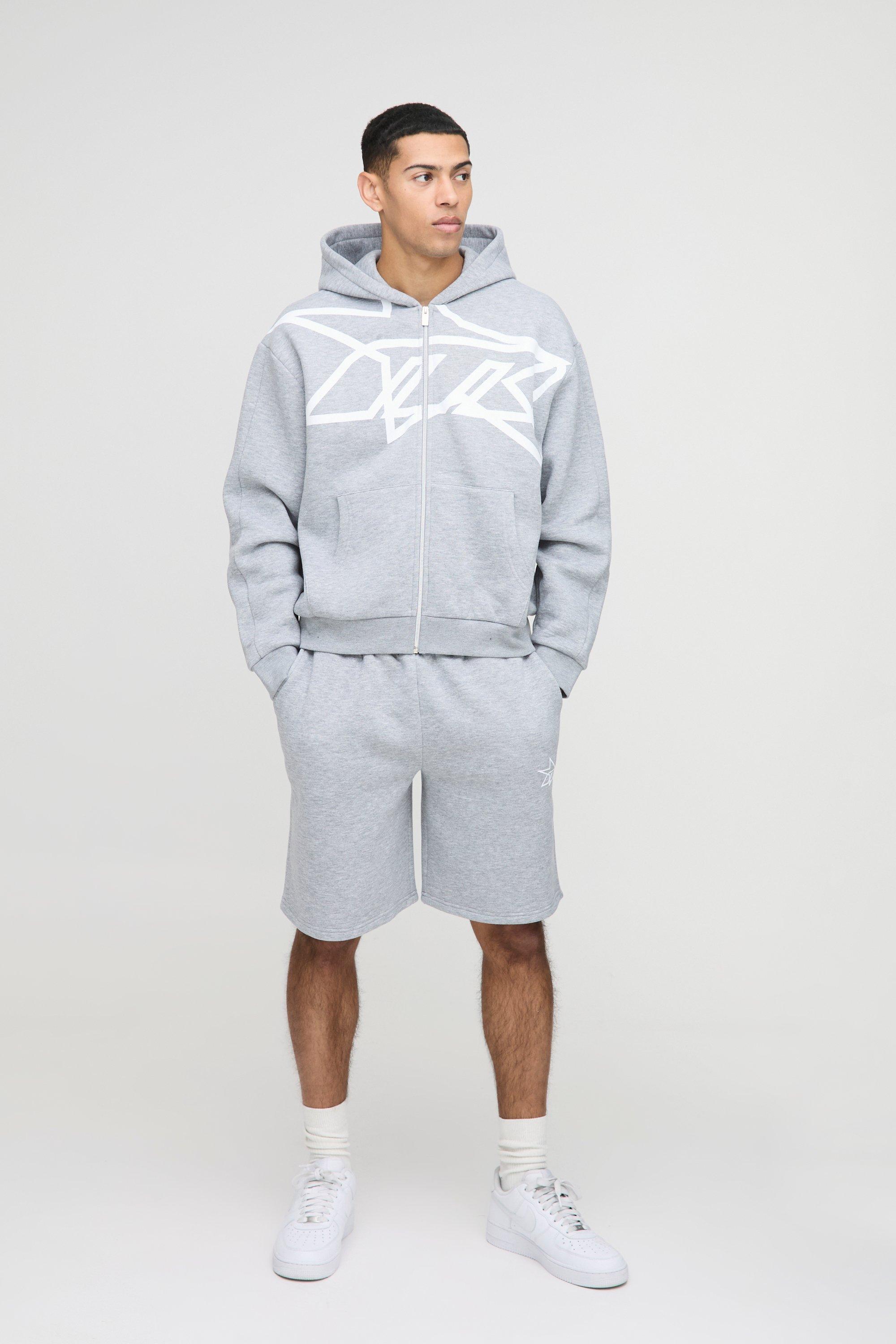 Mens Grey Oversized Boxy Star Printed Zip Through Short Tracksuit, Grey